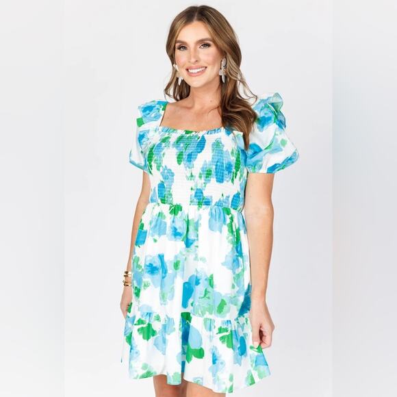 NWT Sugarlips Merrill Blue Floral Tiered Ruffle Smocked Mini Dress Pockets XL - Picture 1 of 9